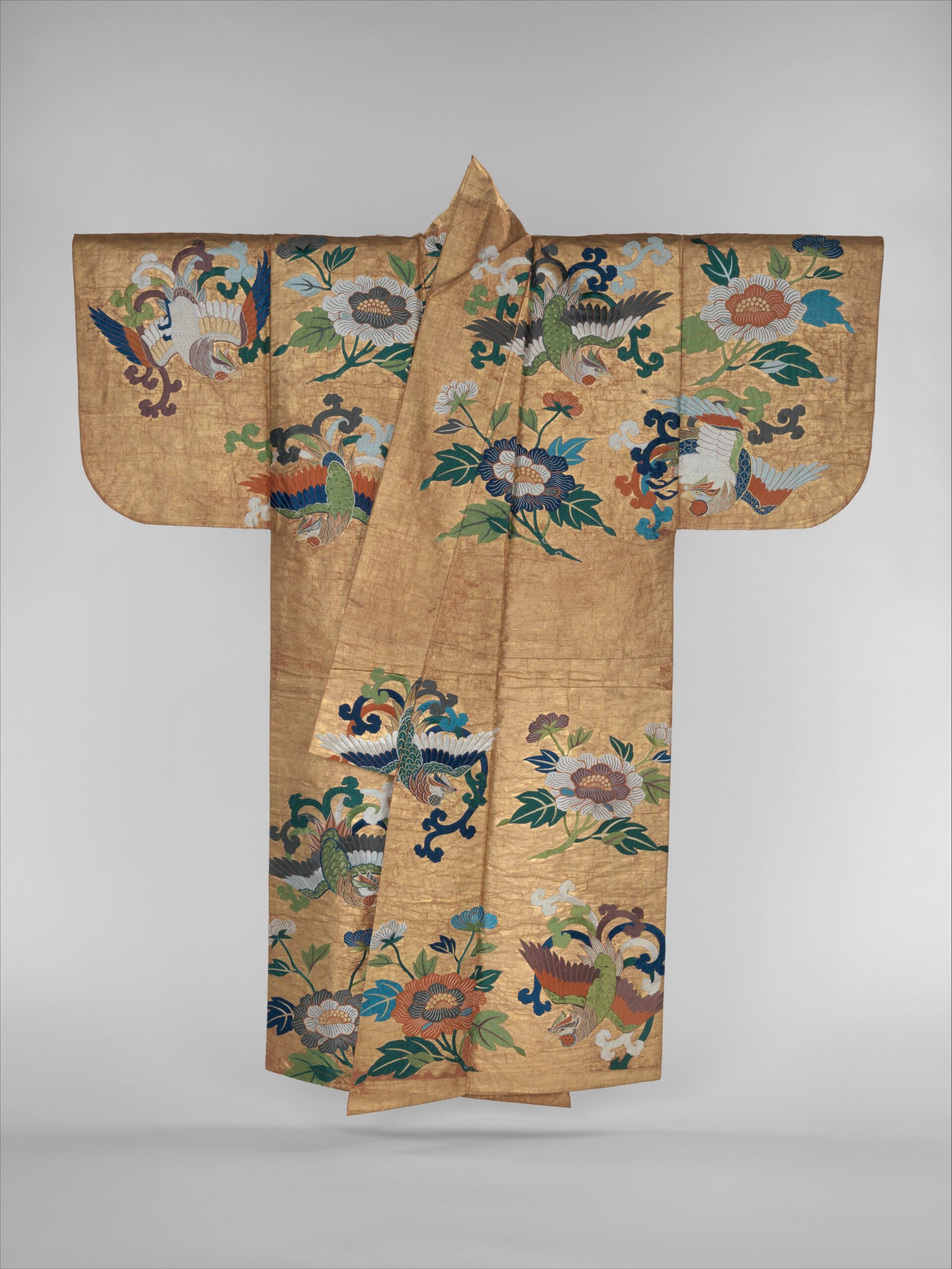 A Noh costume (Nuihaku) with phoenixes and peonies, representing the warrior aesthetic in Noh theater with bold geometric patterns
