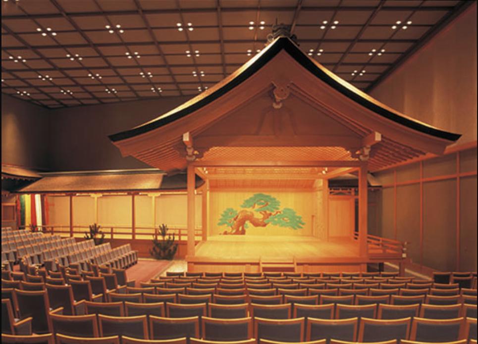 Traditional Noh Theater Stage in Kyoto showing the iconic minimalist design with hashira pillars and kagamiita backdrop