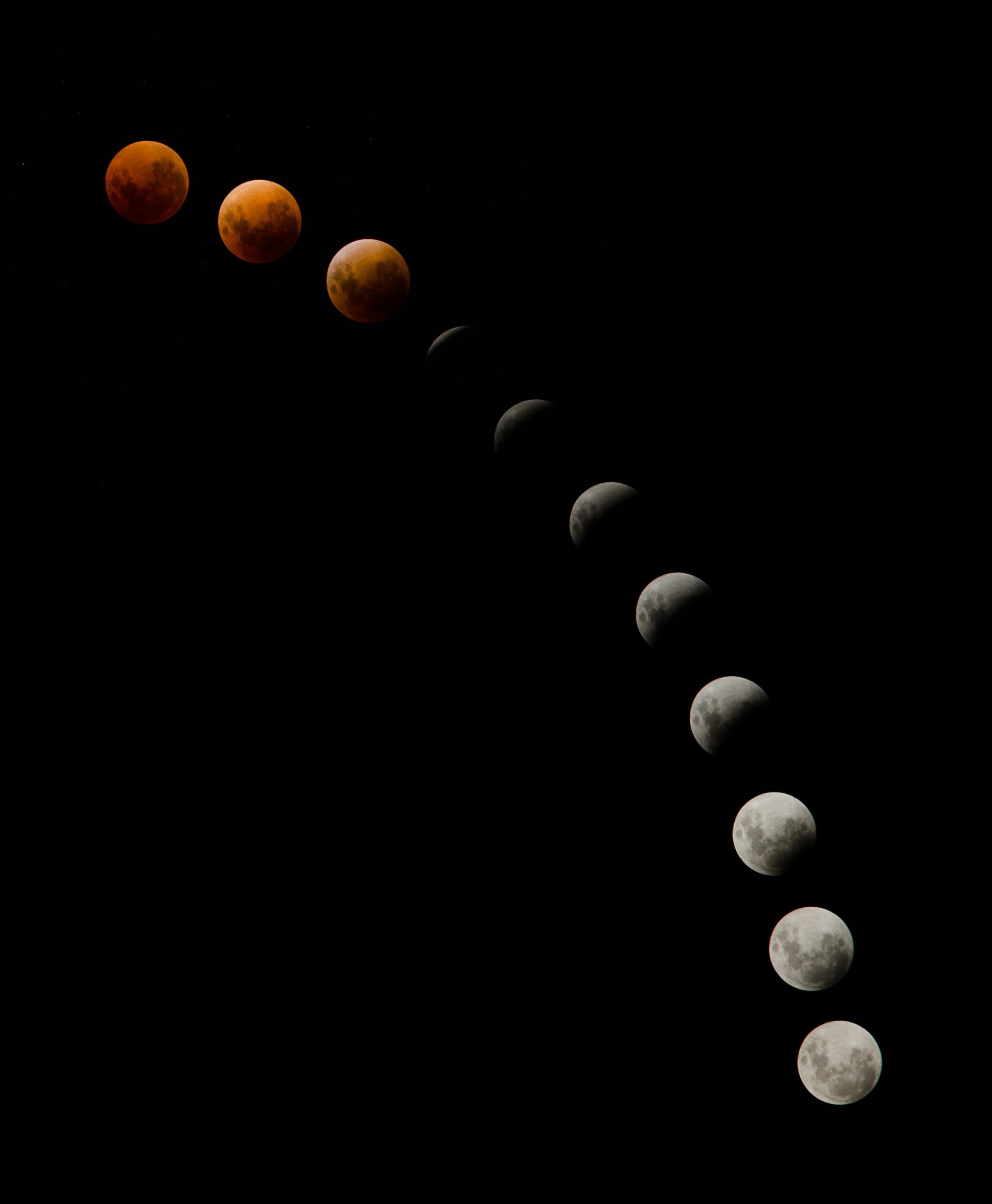 Sequence of lunar eclipse phases showing the moon transitioning from blood red to white, illustrating the celestial influences on traditional Japanese calendar systems