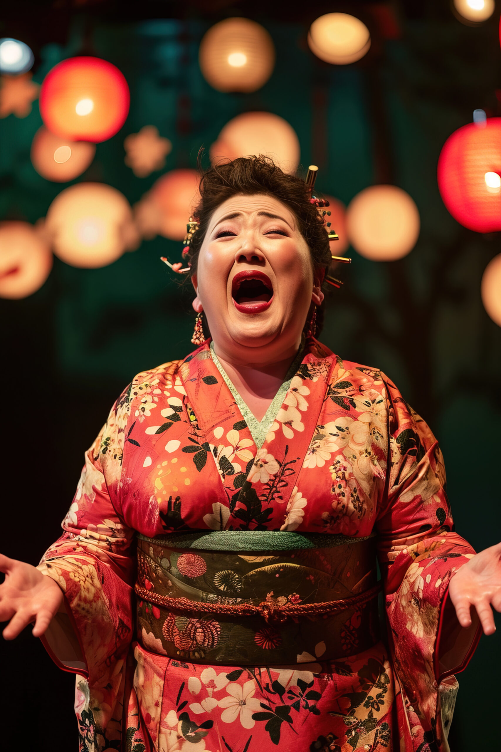A performer in traditional Noh costume portraying a female character, demonstrating the elaborate nature of Noh costumes