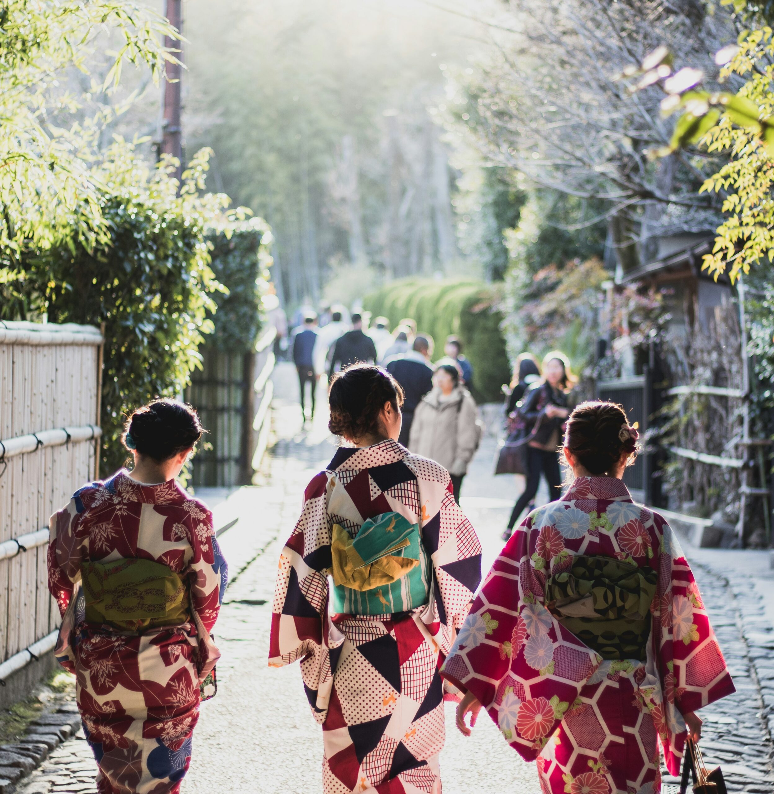 Tres mujeres con kimono tradicional caminando por un sendero de bambú en Kioto, demostrando elegantes poses para caminar desde atrás.