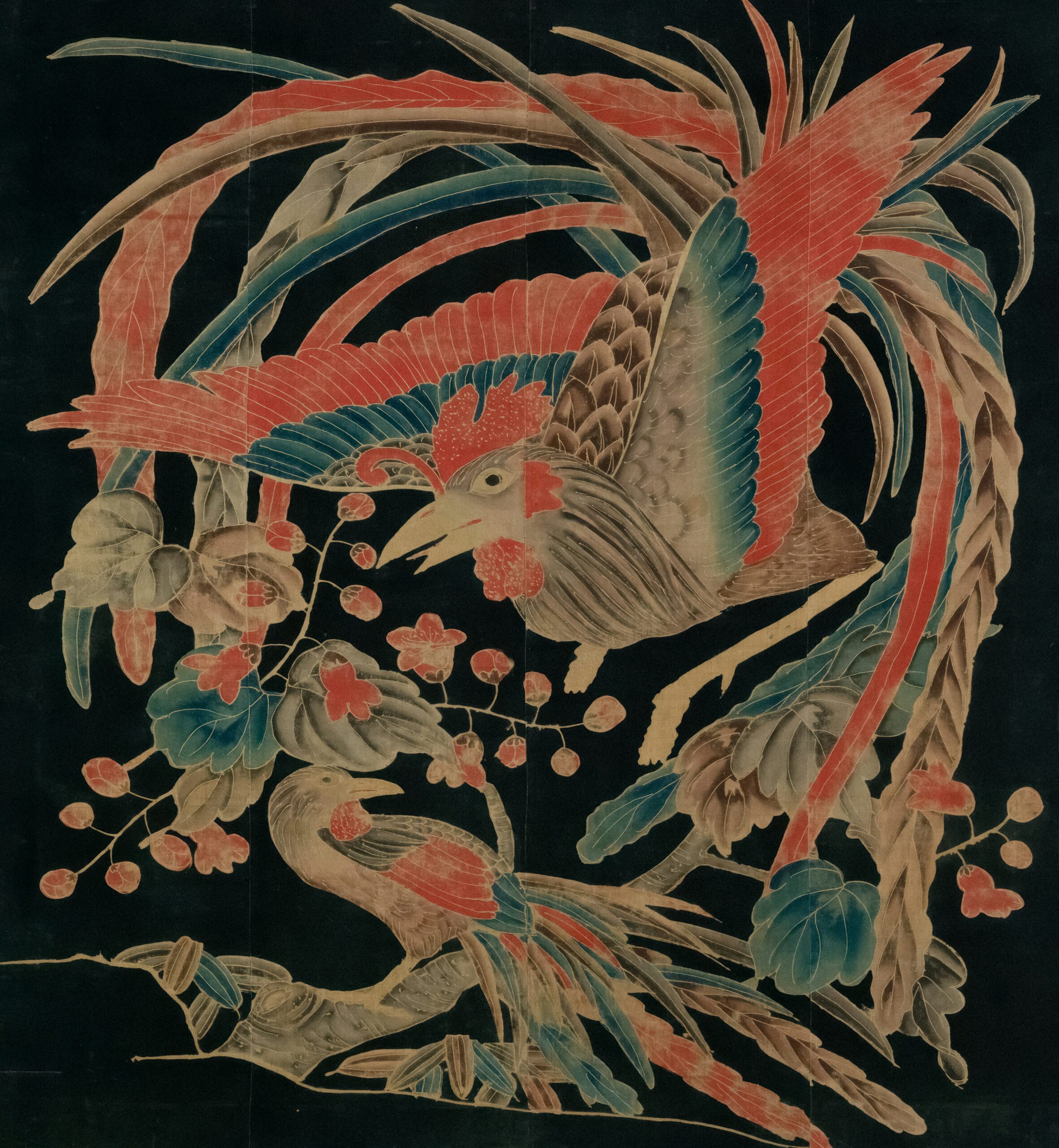Vintage Japanese uchikake wedding kimono featuring intricate embroidered cranes and metallic gold thread detailing on silk fabric