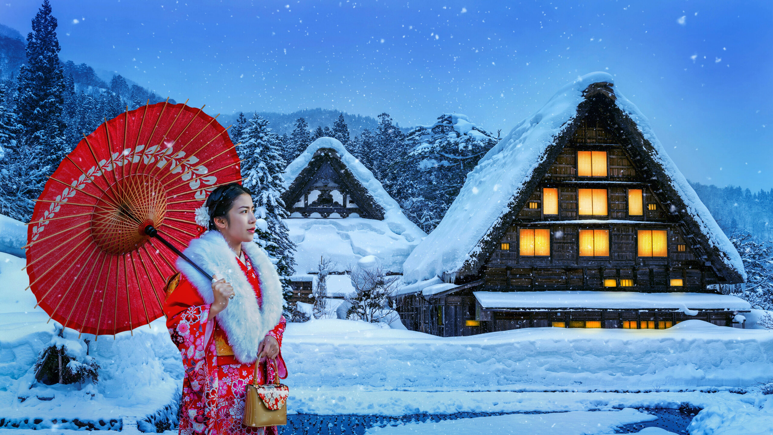 身穿红色和服、撑着传统遮阳伞的女子站在雪景中，周围是传统的日本茅草屋顶房屋，展示冬季和服摄影