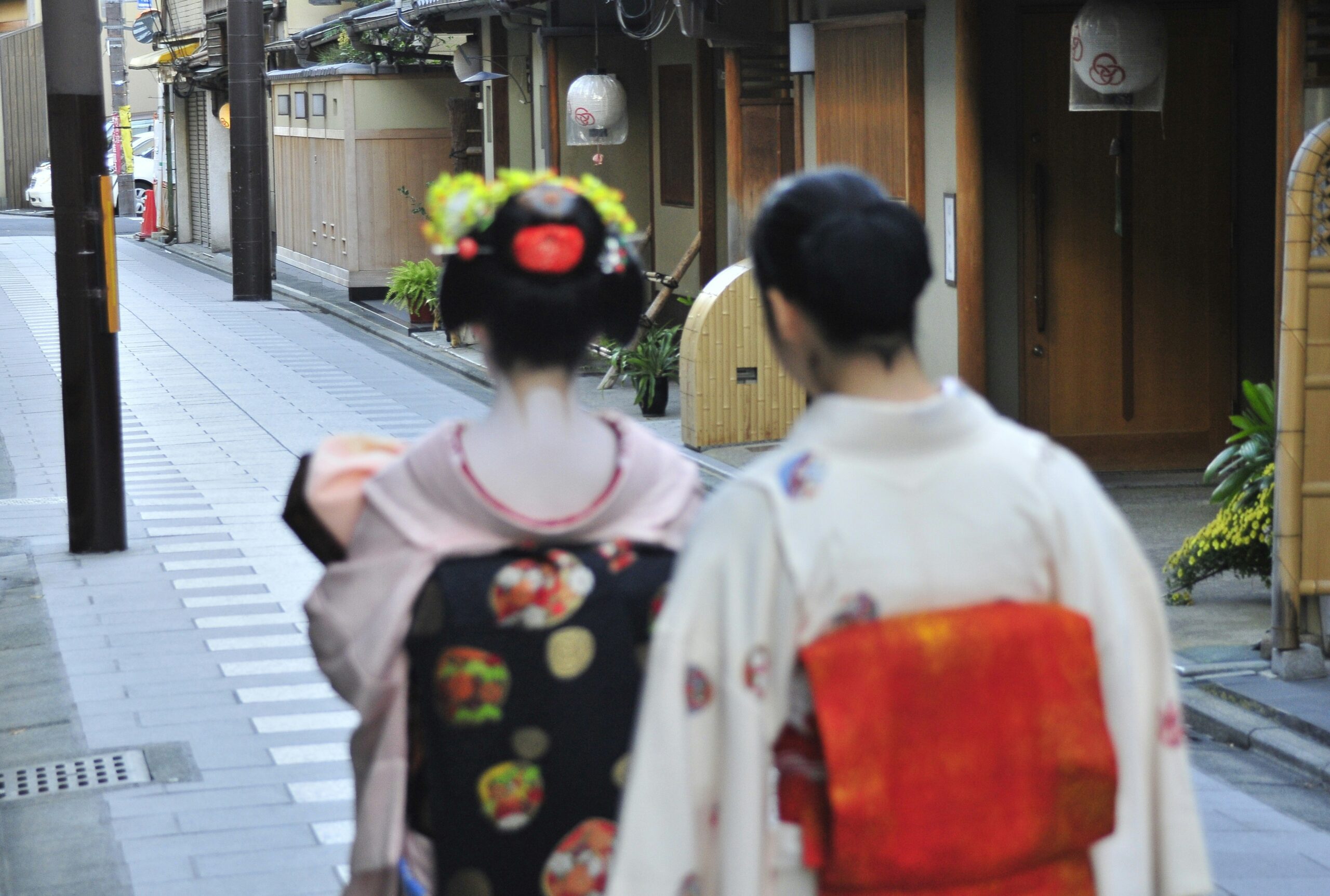 身着传统 Susohiki 和服的京都艺伎和舞妓的专业肖像，展现了日本艺伎艺术的优雅和文化意义
