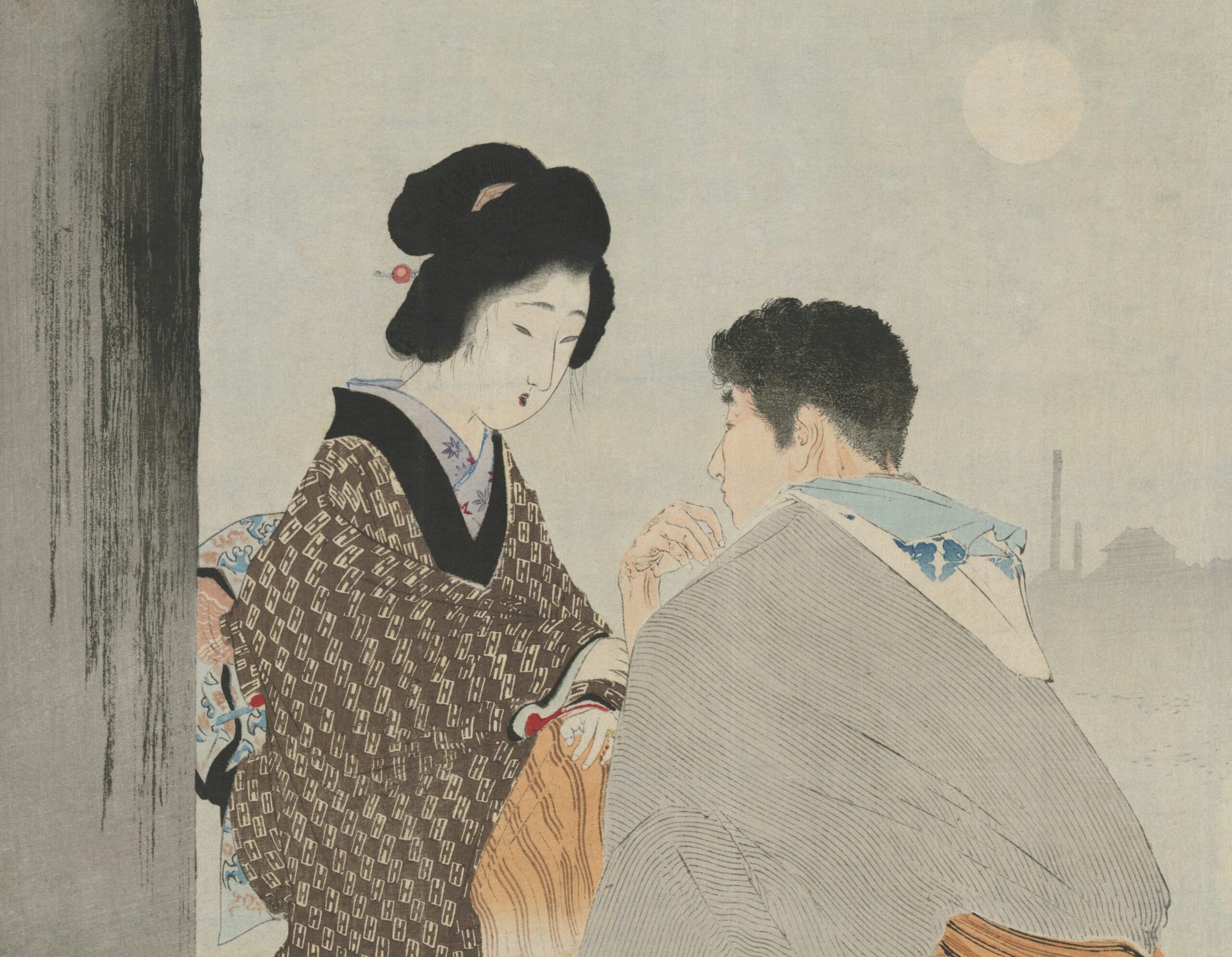 Traditional Japanese artwork depicting Yanagi Onna, the willow tree spirit wearing ethereal green kimono with nature motifs from Kyoto folklore