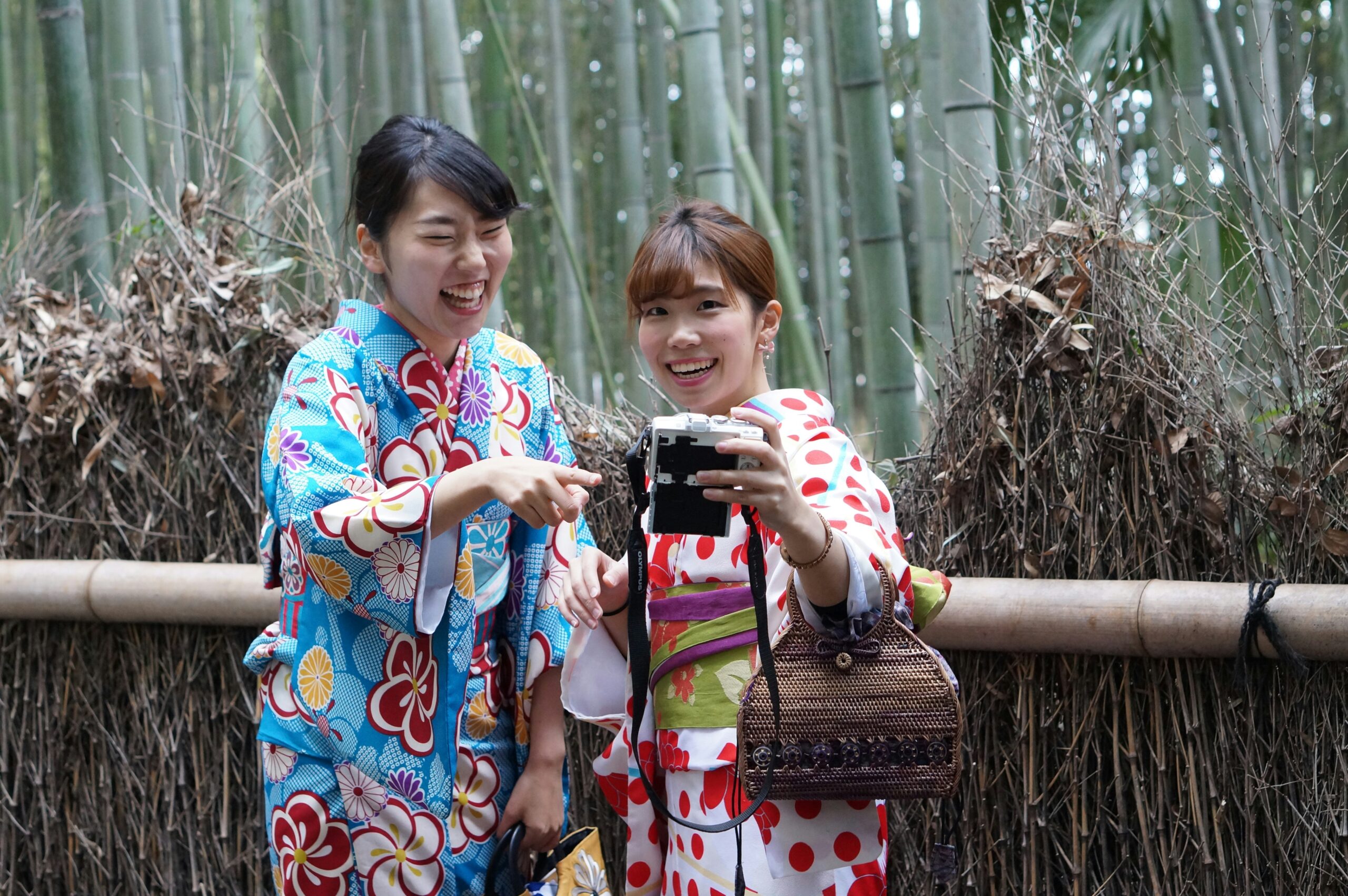 Asian woman wearing an elegant traditional Japanese kimono walking gracefully through the famous Arashiyama bamboo forest in Kyoto, with towering green bamboo creating a serene and ethereal natural backdrop perfect for photography