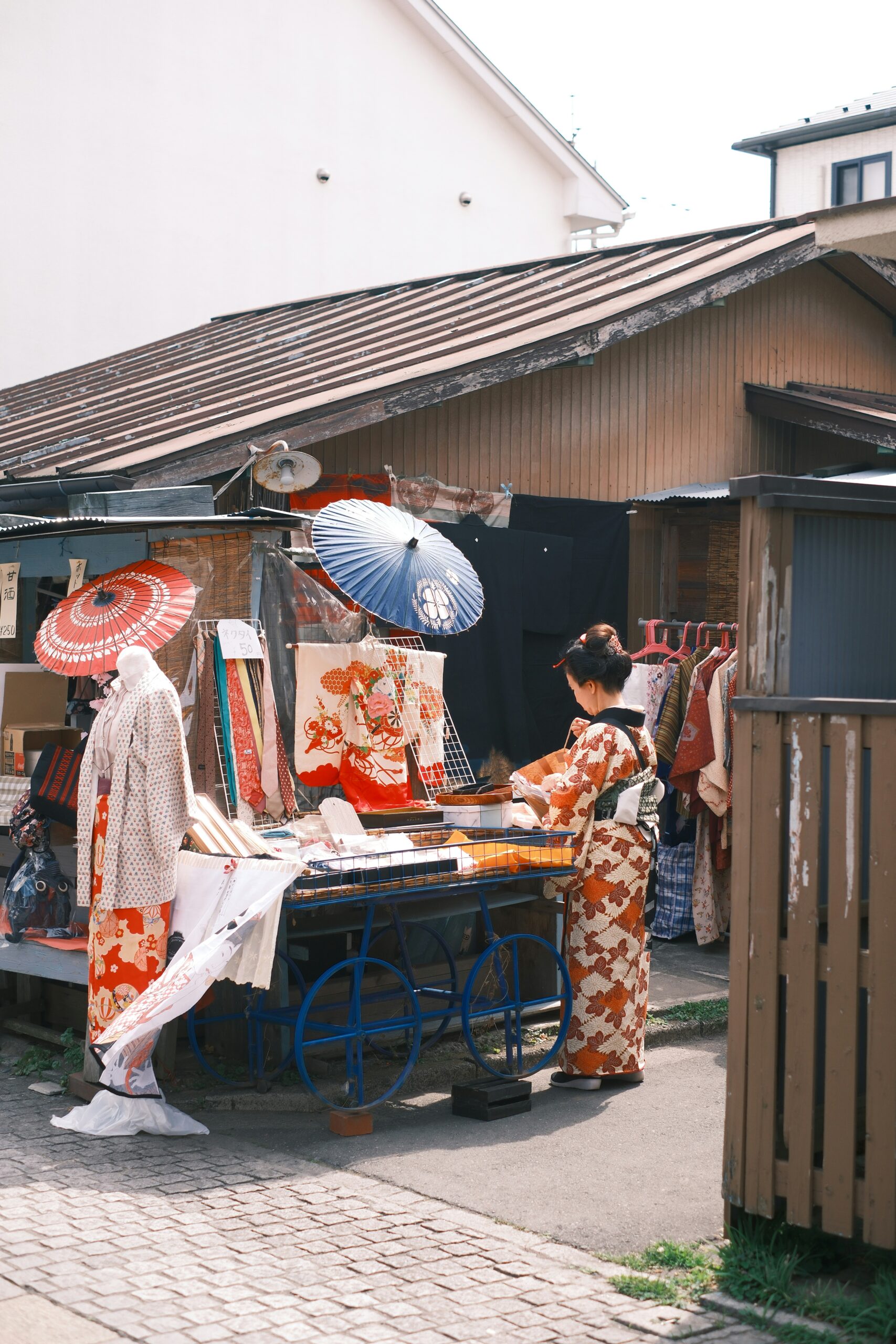 Traditional Japanese kimono market stall displaying intricate patterned garments and umbrellas with person in patterned kimono browsing outdoor market showcasing cultural craftsmanship