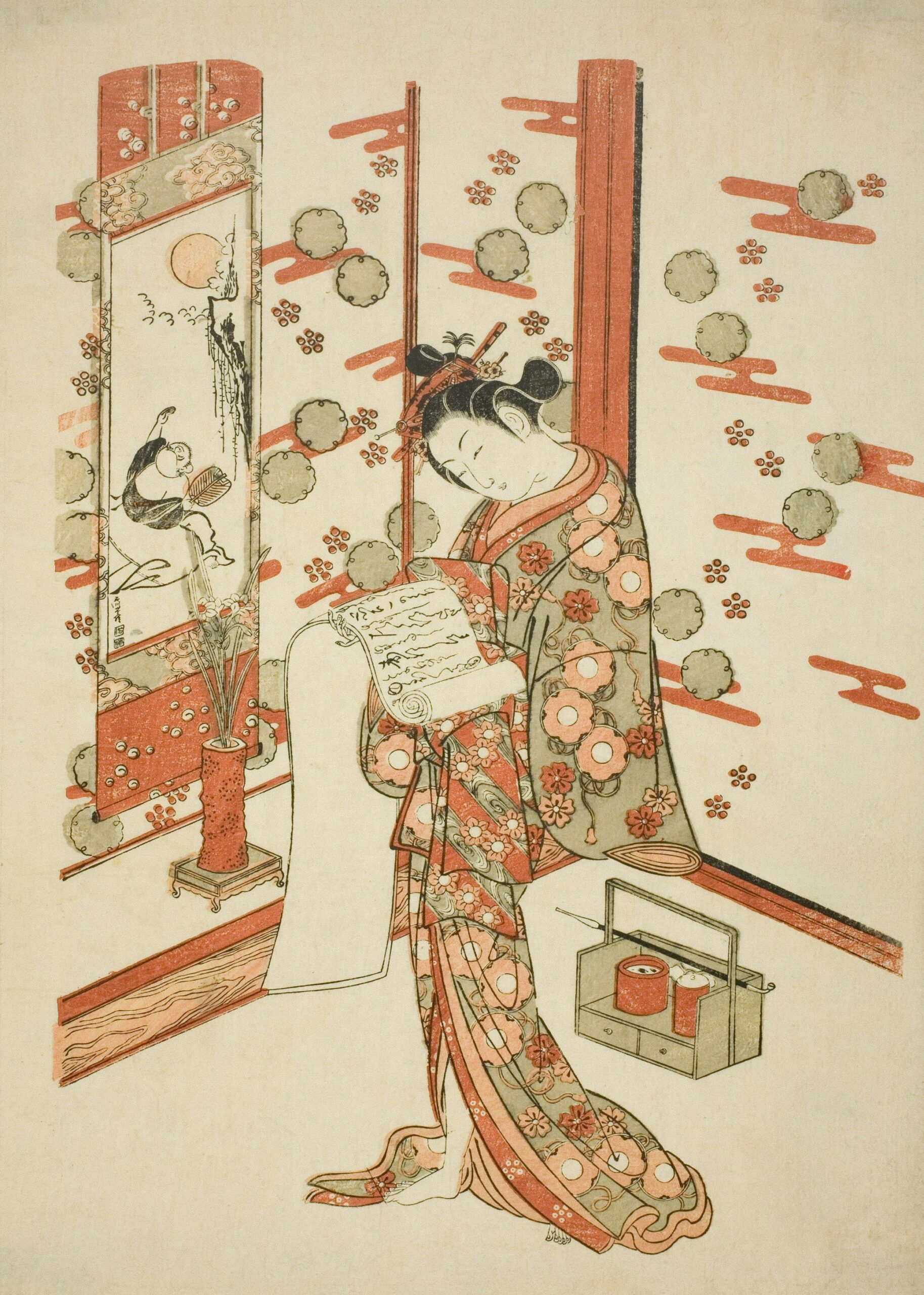 Traditional Japanese ukiyo-e woodblock print featuring a geisha in an elaborate kimono with intricate patterns and seasonal motifs, demonstrating the artistic mastery of Edo period printmakers