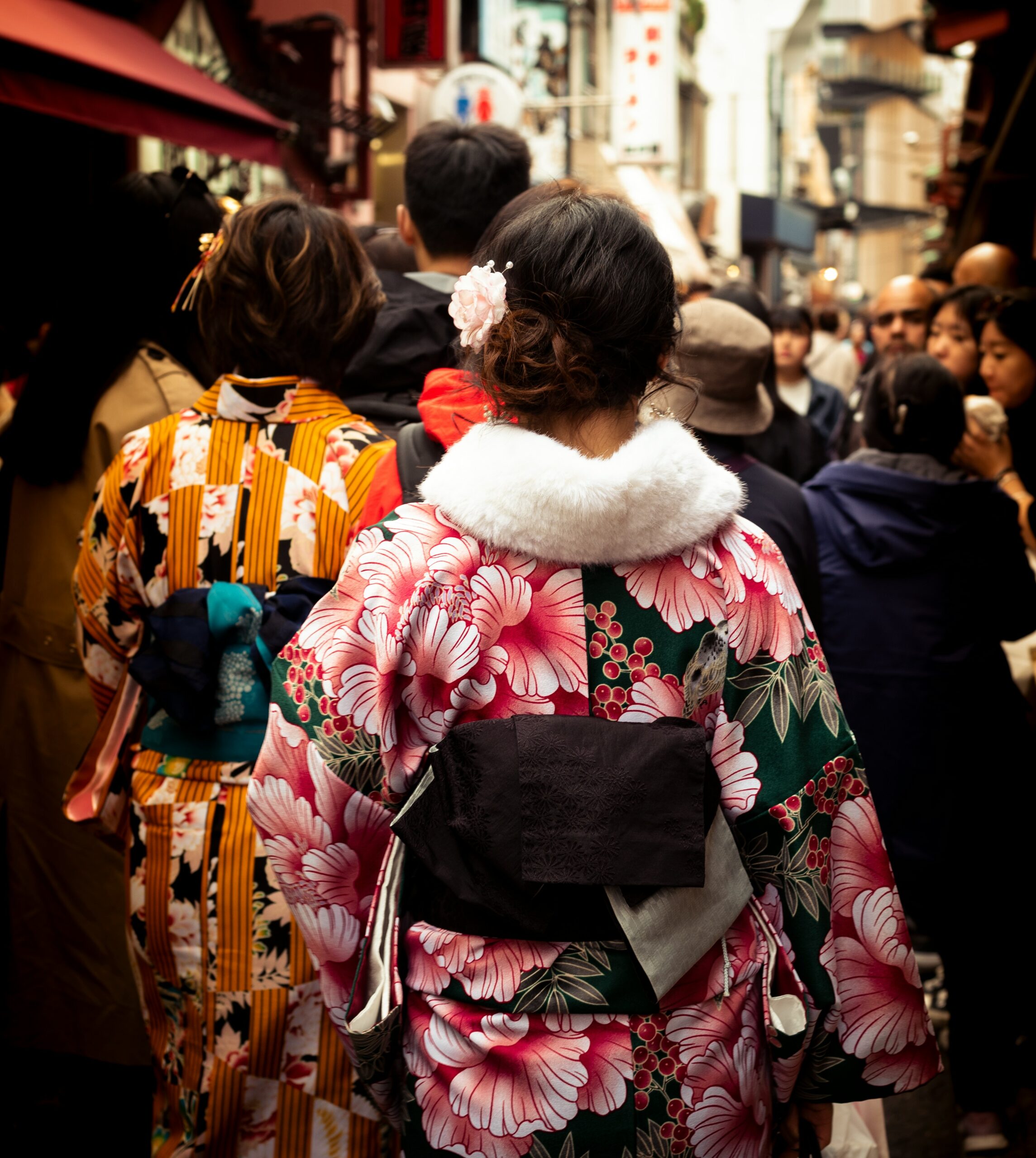 日本京都，两名身穿传统日本和服的年轻女子展示背影，背影上可能带有家纹
