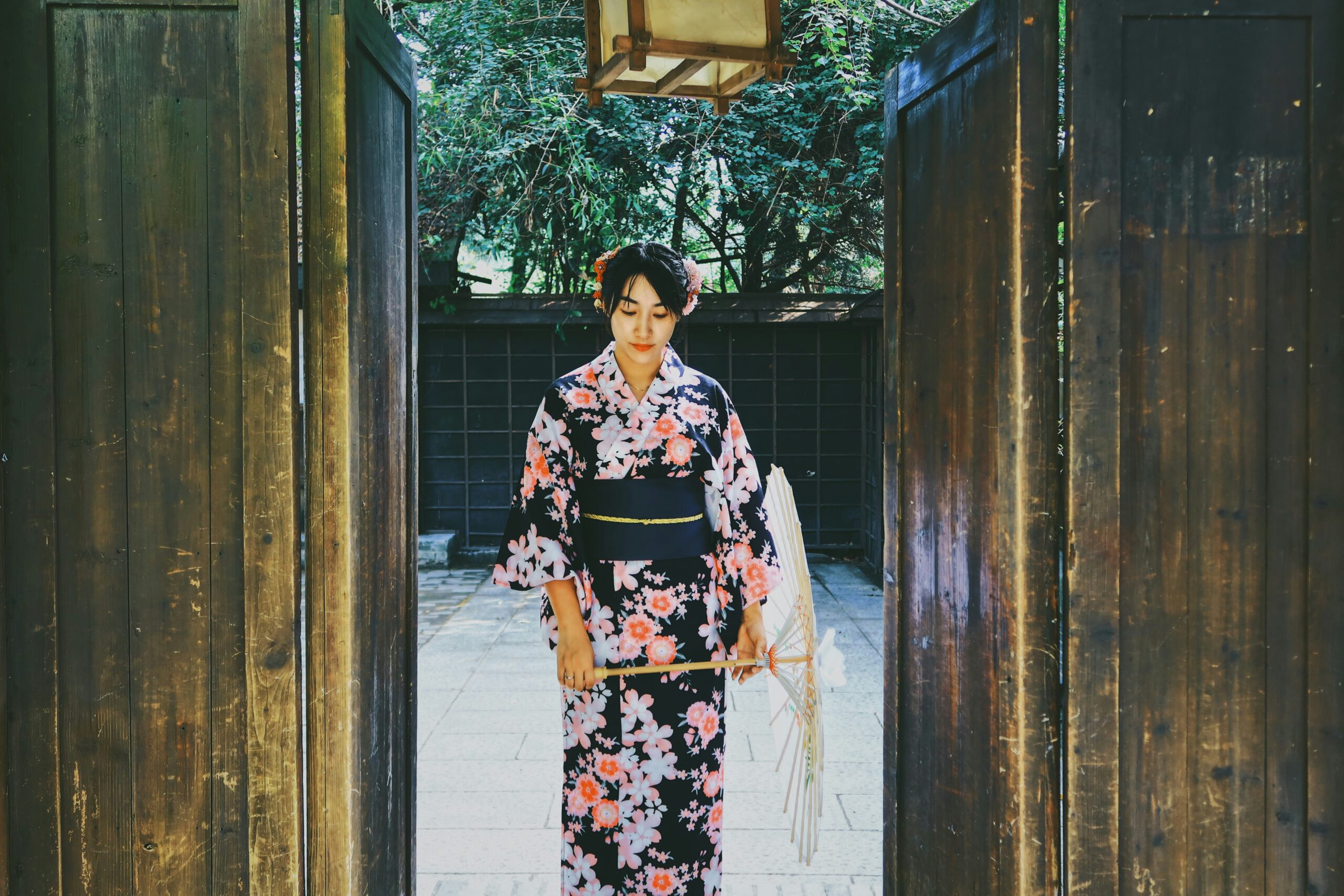 Traditional Japanese furisode kimono with long sleeves and elegant patterns, perfect for New Year shrine visits and special occasions