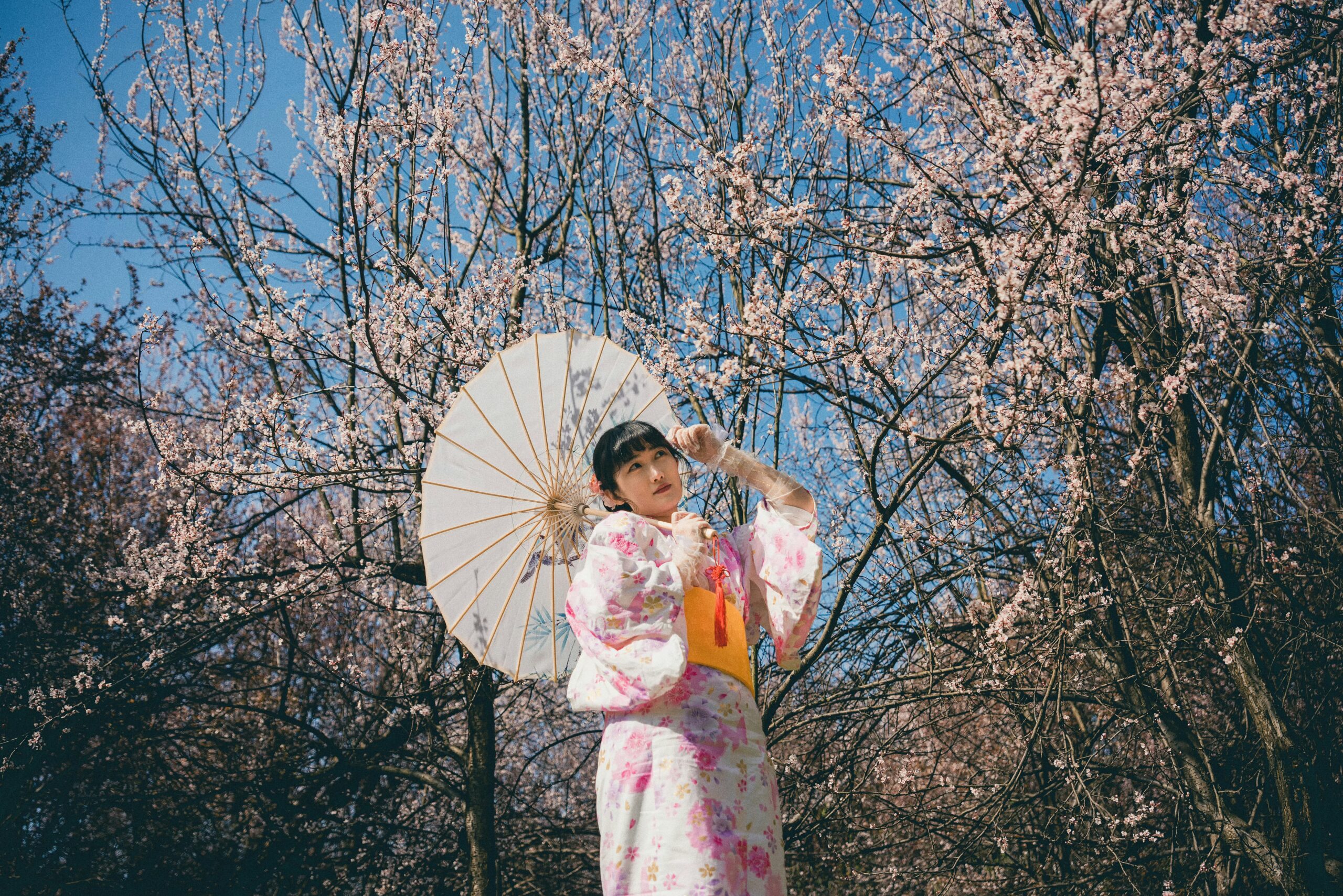Young woman in colorful floral yukata kimono smiling during summer festival in Kyoto Japan with traditional lanterns in background
