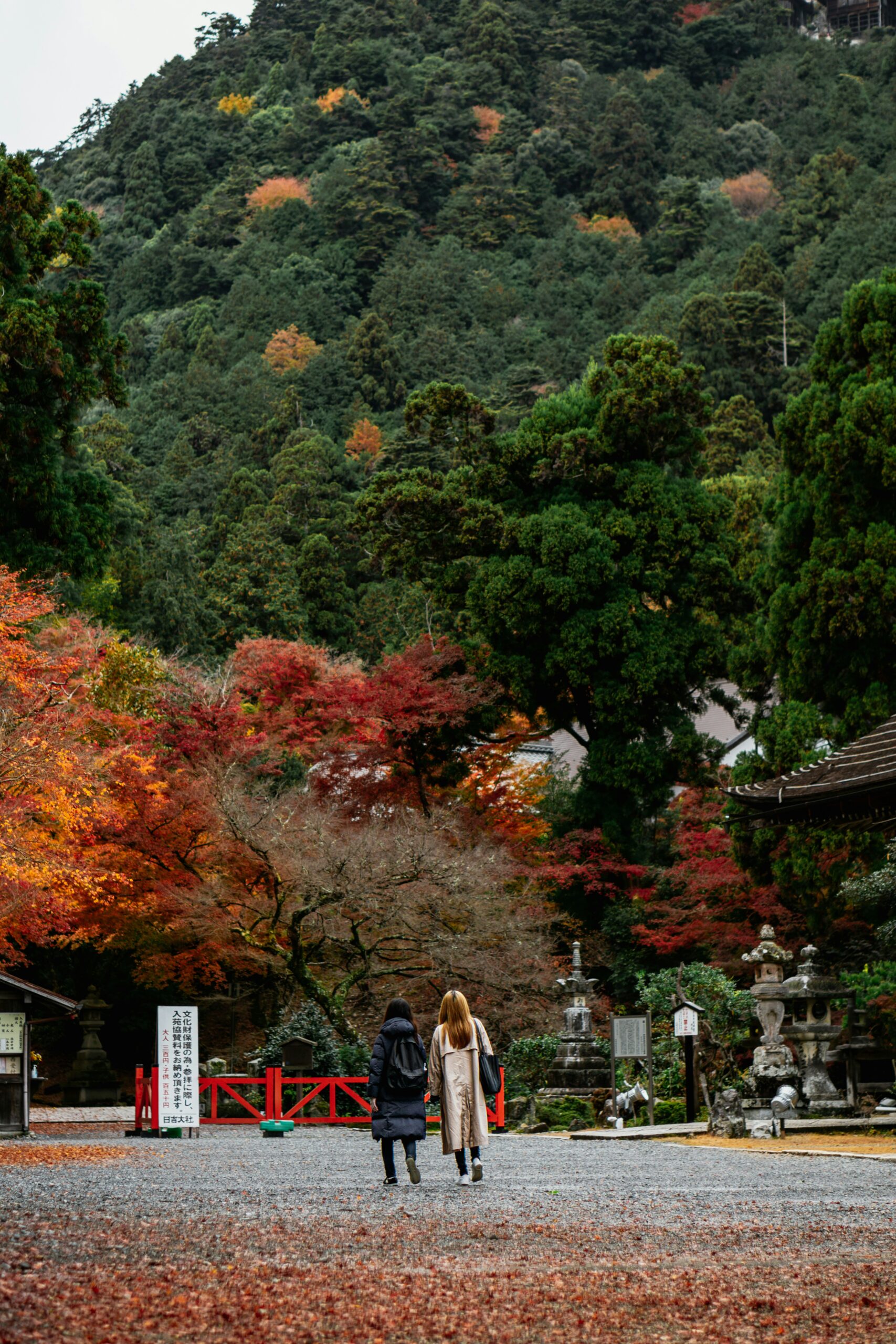 Elegant Japanese woman in traditional autumn kimono with warm colors walking through Tofuku-ji temple grounds surrounded by vibrant fall foliage