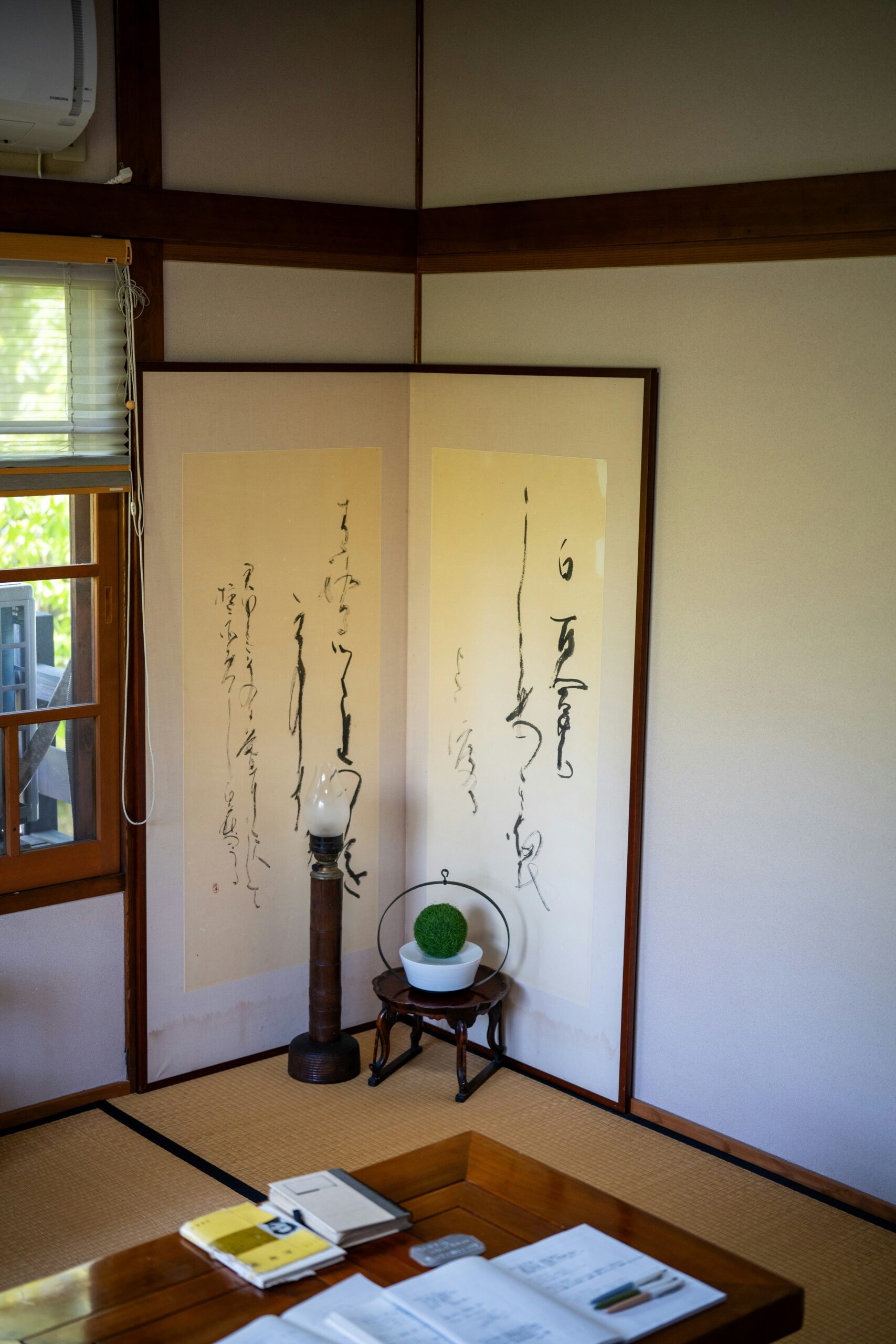 Traditional Japanese style cafe interior in Kyoto with wooden architecture and tatami seating