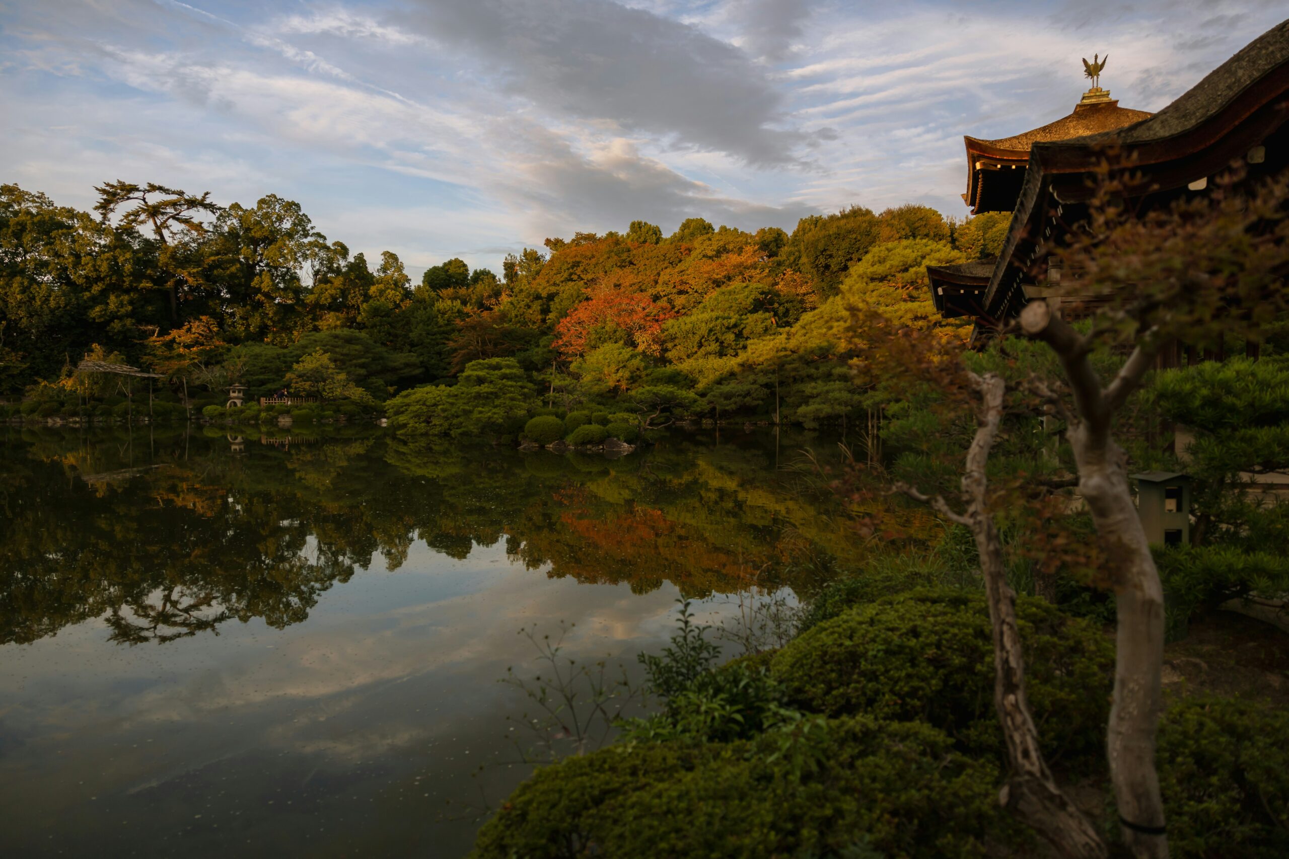 Traditional Japanese temple garden in Kyoto featuring pristine koi pond surrounded by carefully manicured landscaping stone pathways and seasonal foliage showcasing centuries-old design philosophy