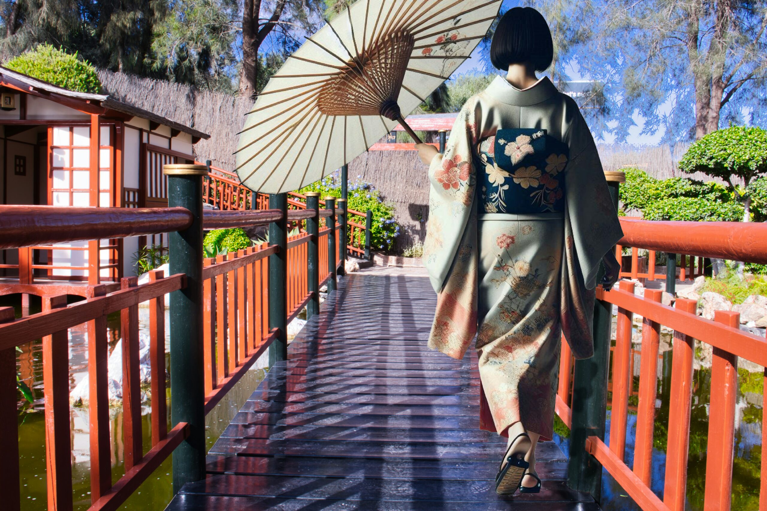 Woman wearing traditional Japanese kimono walking through scenic Japanese garden in Kyoto with red umbrella during autumn season